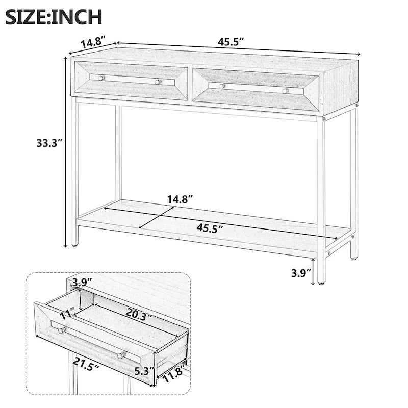 Houten consoletafel voor hal met 2 laden voor woonkamer en hal