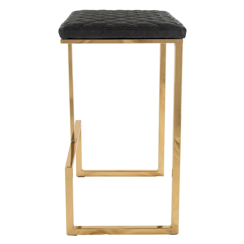 Modern Leather Barstool with Upholstered Square Seat in Gold Metal and Footrest