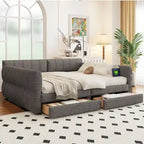Queen Size Upholstered Platform Bed with USB Port and 2 Drawers, Wood Daybed Frame with Backrest Design, No Box Spring Needed