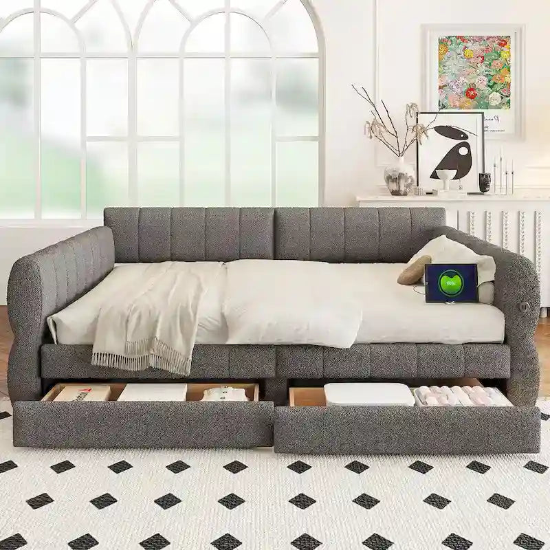 Gepolstertes Plattformbett in Queen-Size mit USB-Anschluss und 2 Stauraumschubladen
