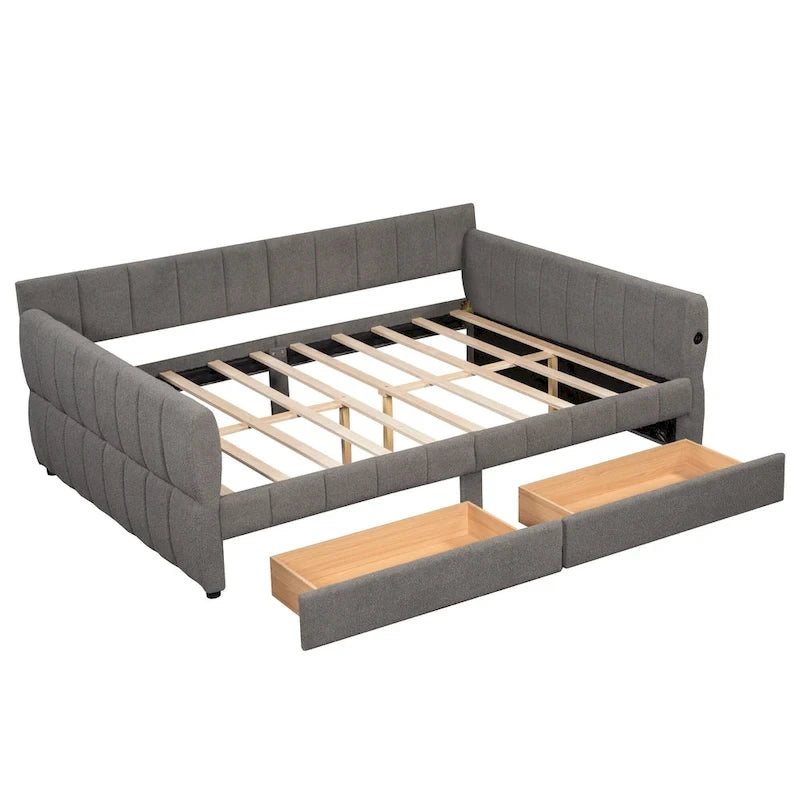 Gepolstertes Plattformbett in Queen-Size mit USB-Anschluss und 2 Stauraumschubladen