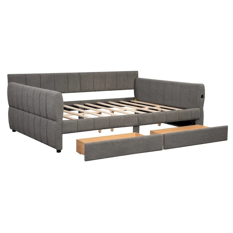 Gepolstertes Plattformbett in Queen-Size mit USB-Anschluss und 2 Stauraumschubladen
