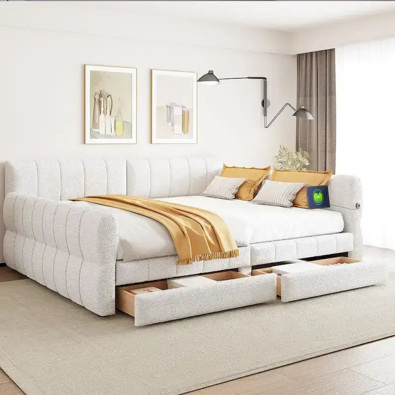 Gepolstertes Plattformbett in Queen-Size mit USB-Anschluss und 2 Stauraumschubladen