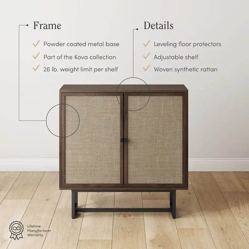 Natural Cane Rattan Doors Accent Cabinet with Metal Base and Adjustable Shelf