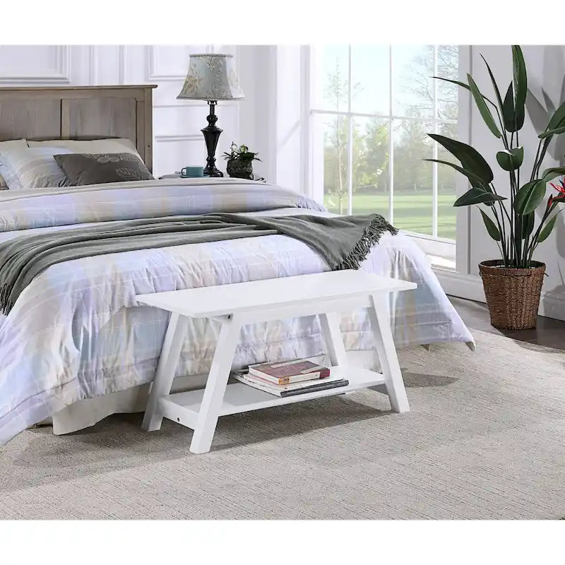 Solid Wood Bench with Shelf, White
