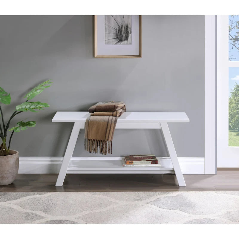 Bank aus massivem Holz mit Ablage, Weiß