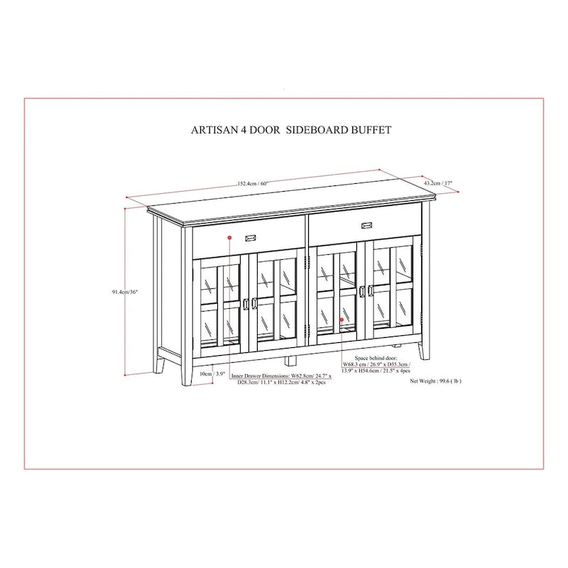 Buffet transitionnel en bois massif de 60 pouces de large avec 4 portes