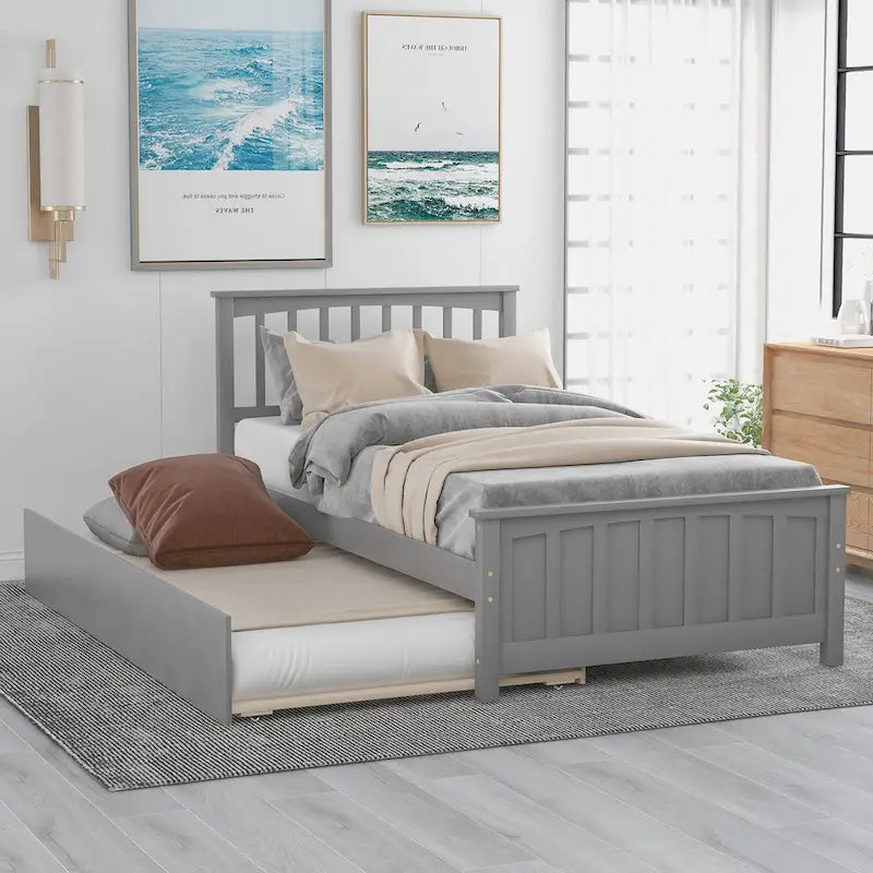 Twin Size Wooden Platform Bed with Trundle
