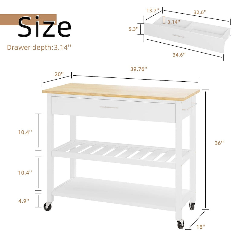 Kitchen Island Cart on Wheels with Worktop and Open Shelves