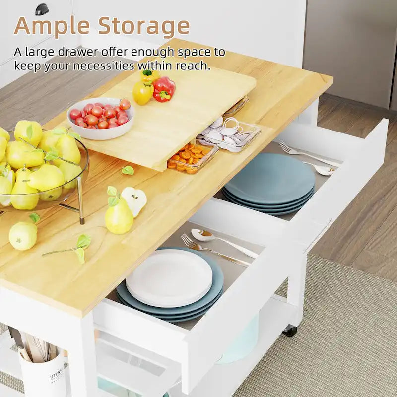 Kitchen Island Cart on Wheels with Worktop and Open Shelves