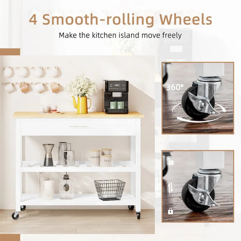 Kitchen Island Cart on Wheels with Worktop and Open Shelves