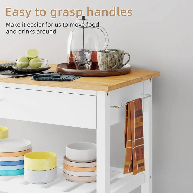 Kitchen Island Cart on Wheels with Worktop and Open Shelves