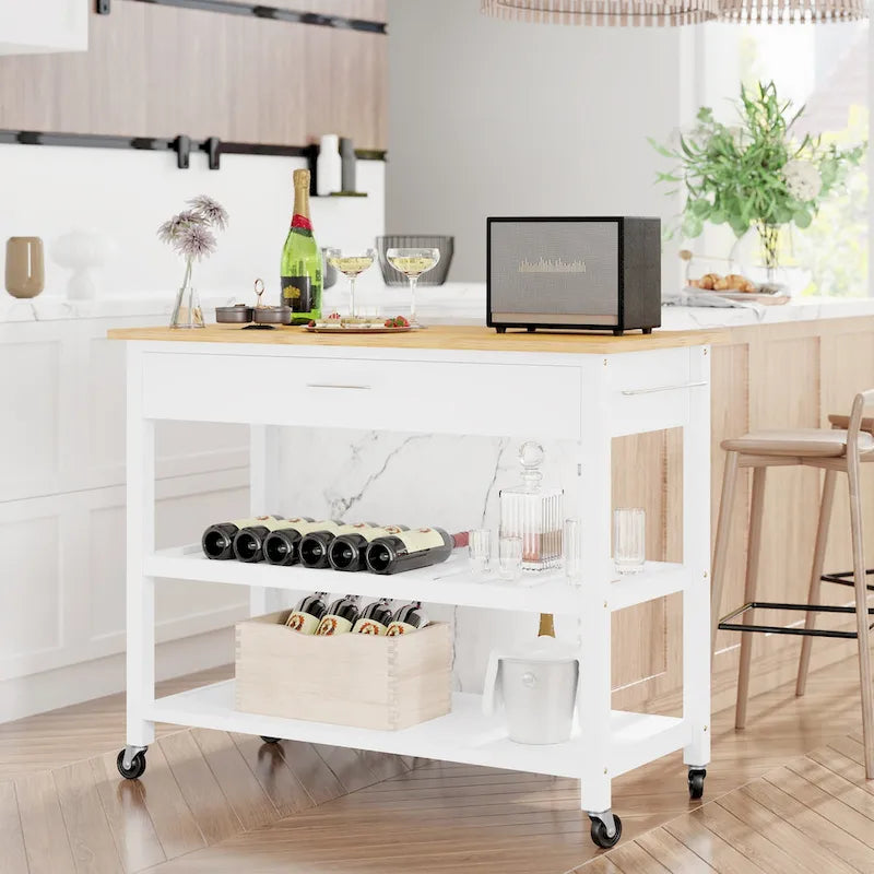 Kitchen Island Cart on Wheels with Worktop and Open Shelves
