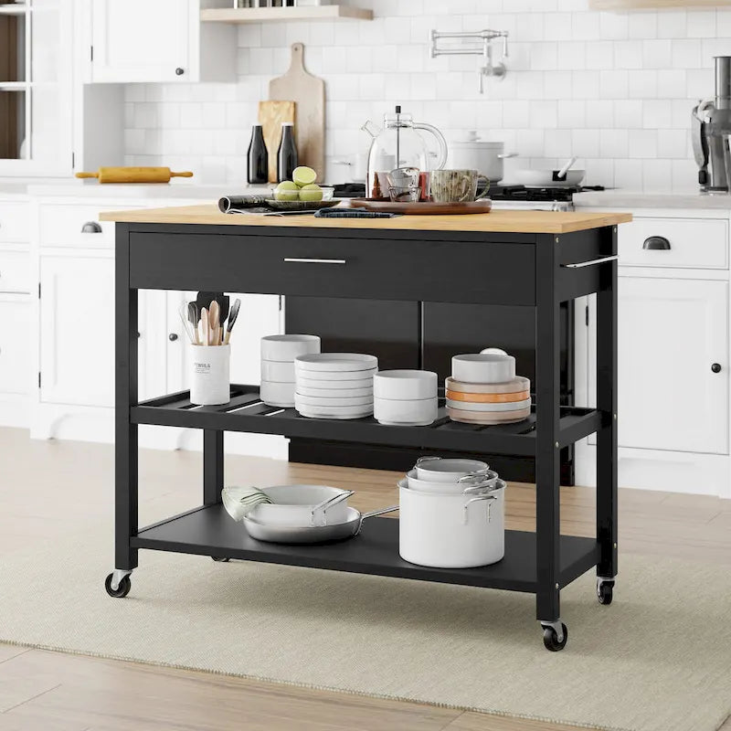 Kitchen Island Cart on Wheels with Worktop and Open Shelves