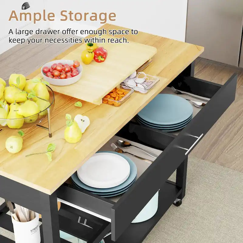 Kitchen Island Cart on Wheels with Worktop and Open Shelves
