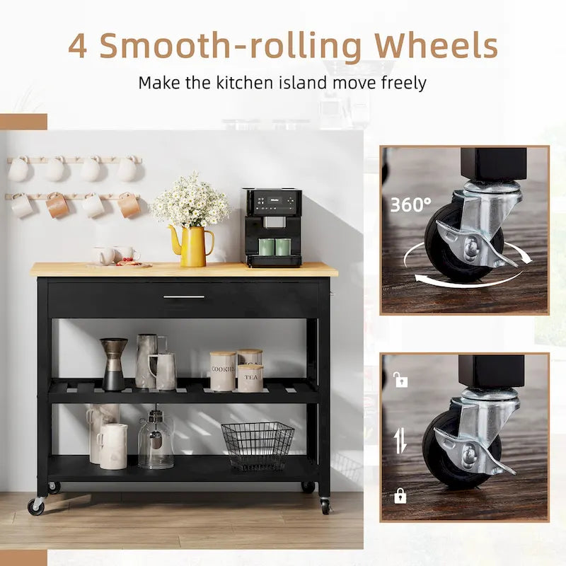 Kitchen Island Cart on Wheels with Worktop and Open Shelves
