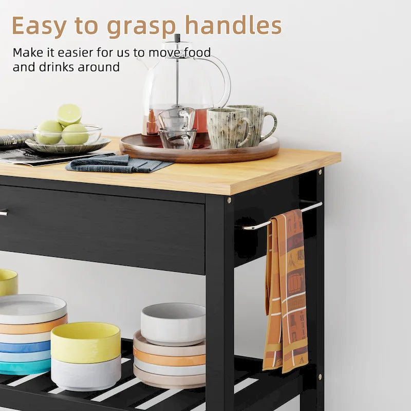 Kitchen Island Cart on Wheels with Worktop and Open Shelves