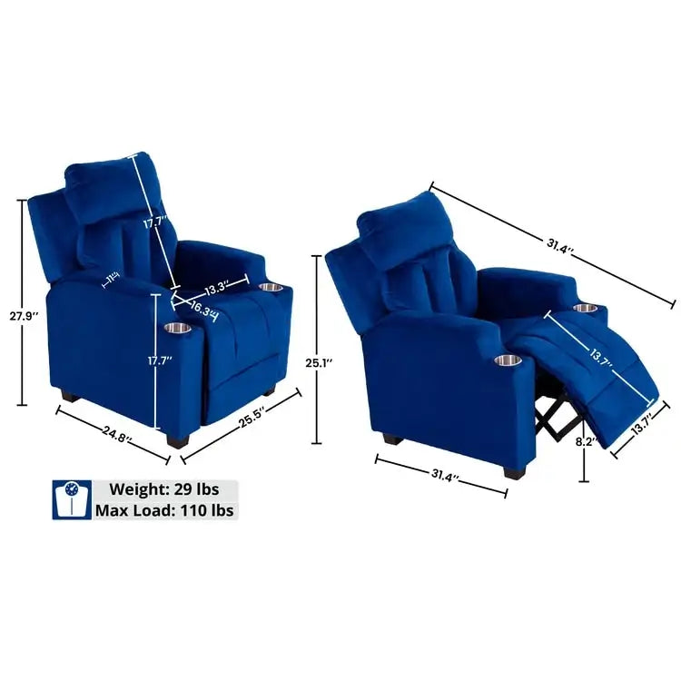Super Deluxe Kids Recliner with Footrest, Headrest and 2 Cup Holders