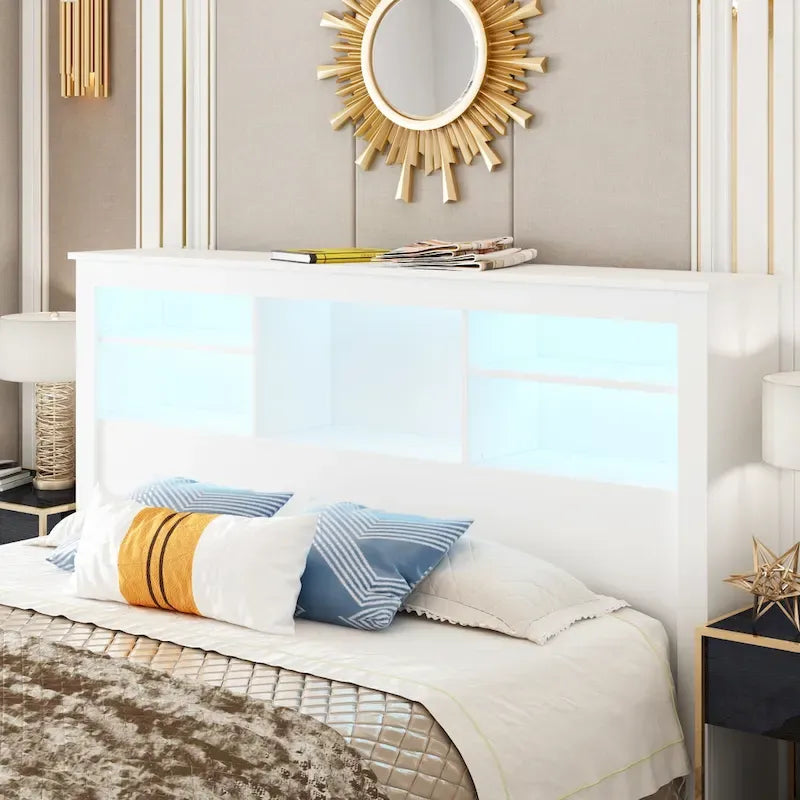 Cabeceira de estante para cama Queen com orifício para passagem de cabos e luzes
