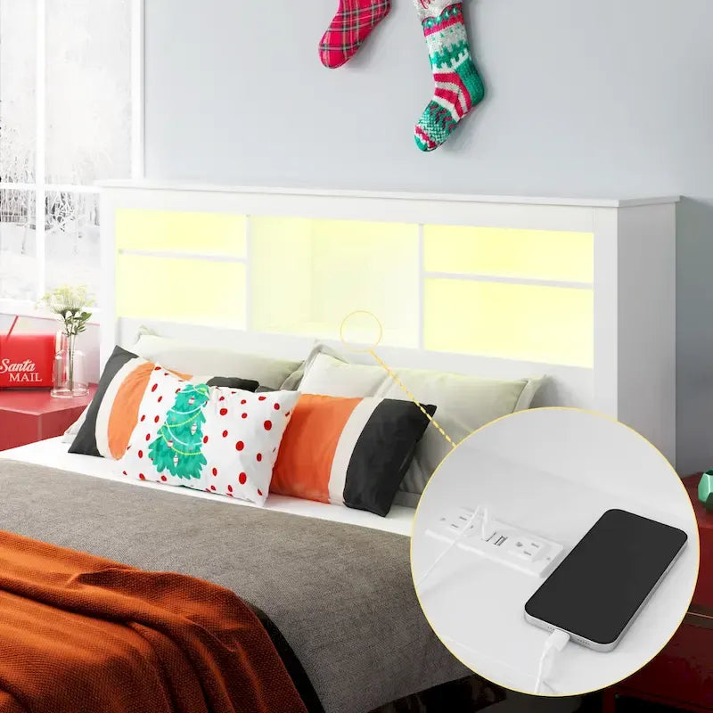 Cabeceira de estante para cama Queen com orifício para passagem de cabos e luzes