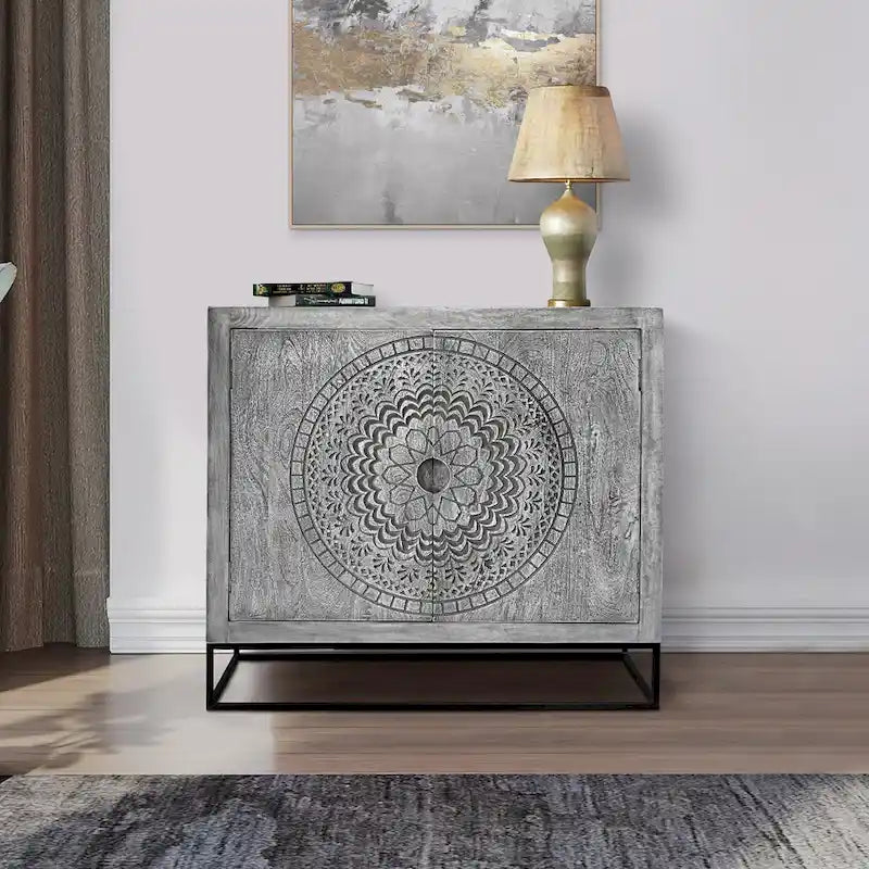 Zera 39 Inch Handcrafted Accent Cabinet with 2 Doors, Medallion Engraved, Sandblasted Gray Mango Wood, Black Iron Framed Stand