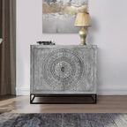 Zera 39 Inch Handcrafted Accent Cabinet with 2 Doors, Medallion Engraved, Sandblasted Gray Mango Wood, Black Iron Framed Stand