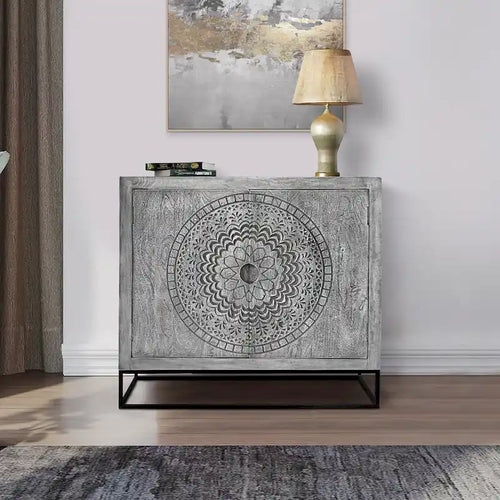 Zera 39 Inch Handcrafted Accent Cabinet with 2 Doors, Medallion Engraved, Sandblasted Gray Mango Wood, Black Iron Framed Stand