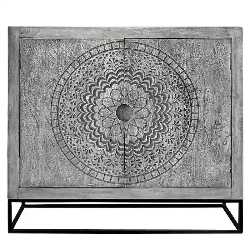 39 Inch Handcrafted Accent Cabinet with 2 Doors, Medallion Engraved, Sandblasted Gray Mango Wood, Black Iron Framed Stand