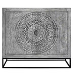 39 Inch Handcrafted Accent Cabinet with 2 Doors, Medallion Engraved, Sandblasted Gray Mango Wood, Black Iron Framed Stand