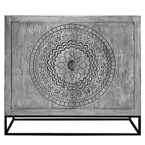 39 Inch Handcrafted Accent Cabinet with 2 Doors, Medallion Engraved, Sandblasted Gray Mango Wood, Black Iron Framed Stand