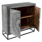 39 Inch Handcrafted Accent Cabinet with 2 Doors, Medallion Engraved, Sandblasted Gray Mango Wood, Black Iron Framed Stand