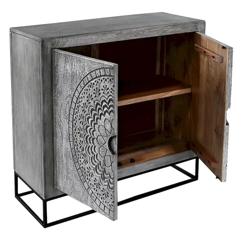 39 Inch Handcrafted Accent Cabinet with 2 Doors, Medallion Engraved, Sandblasted Gray Mango Wood, Black Iron Framed Stand