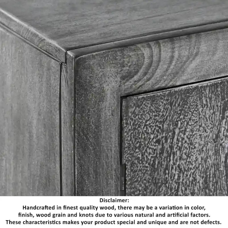 39 Inch Handcrafted Accent Cabinet with 2 Doors, Medallion Engraved, Sandblasted Gray Mango Wood, Black Iron Framed Stand