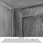 39 Inch Handcrafted Accent Cabinet with 2 Doors, Medallion Engraved, Sandblasted Gray Mango Wood, Black Iron Framed Stand