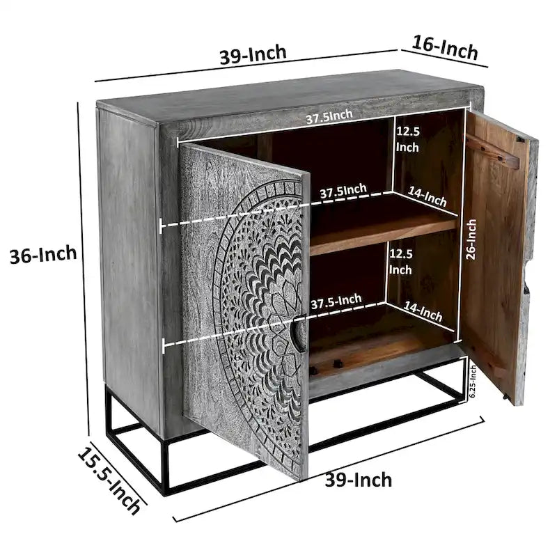 39 Inch Handcrafted Accent Cabinet with 2 Doors, Medallion Engraved, Sandblasted Gray Mango Wood, Black Iron Framed Stand