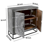 39 Inch Handcrafted Accent Cabinet with 2 Doors, Medallion Engraved, Sandblasted Gray Mango Wood, Black Iron Framed Stand