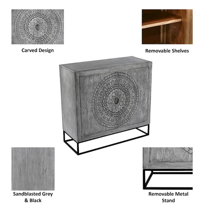 39 Inch Handcrafted Accent Cabinet with 2 Doors, Medallion Engraved, Sandblasted Gray Mango Wood, Black Iron Framed Stand