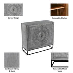 39 Inch Handcrafted Accent Cabinet with 2 Doors, Medallion Engraved, Sandblasted Gray Mango Wood, Black Iron Framed Stand