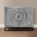 39 Inch Handcrafted Accent Cabinet with 2 Doors, Medallion Engraved, Sandblasted Gray Mango Wood, Black Iron Framed Stand