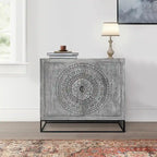 39 Inch Handcrafted Accent Cabinet with 2 Doors, Medallion Engraved, Sandblasted Gray Mango Wood, Black Iron Framed Stand