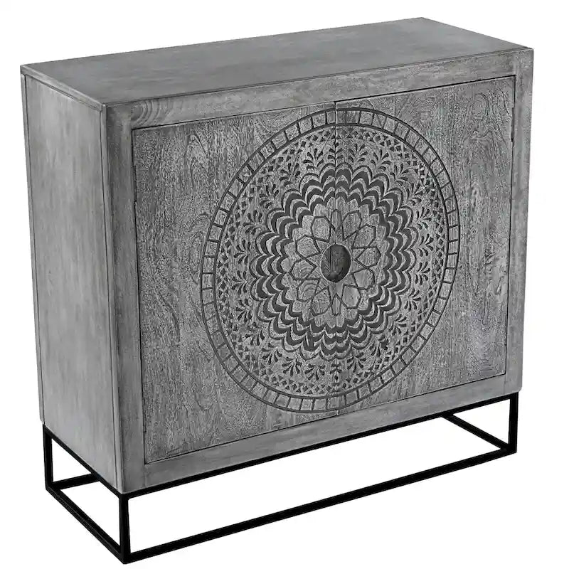 39 Inch Handcrafted Accent Cabinet with 2 Doors, Medallion Engraved, Sandblasted Gray Mango Wood, Black Iron Framed Stand