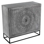 39 Inch Handcrafted Accent Cabinet with 2 Doors, Medallion Engraved, Sandblasted Gray Mango Wood, Black Iron Framed Stand