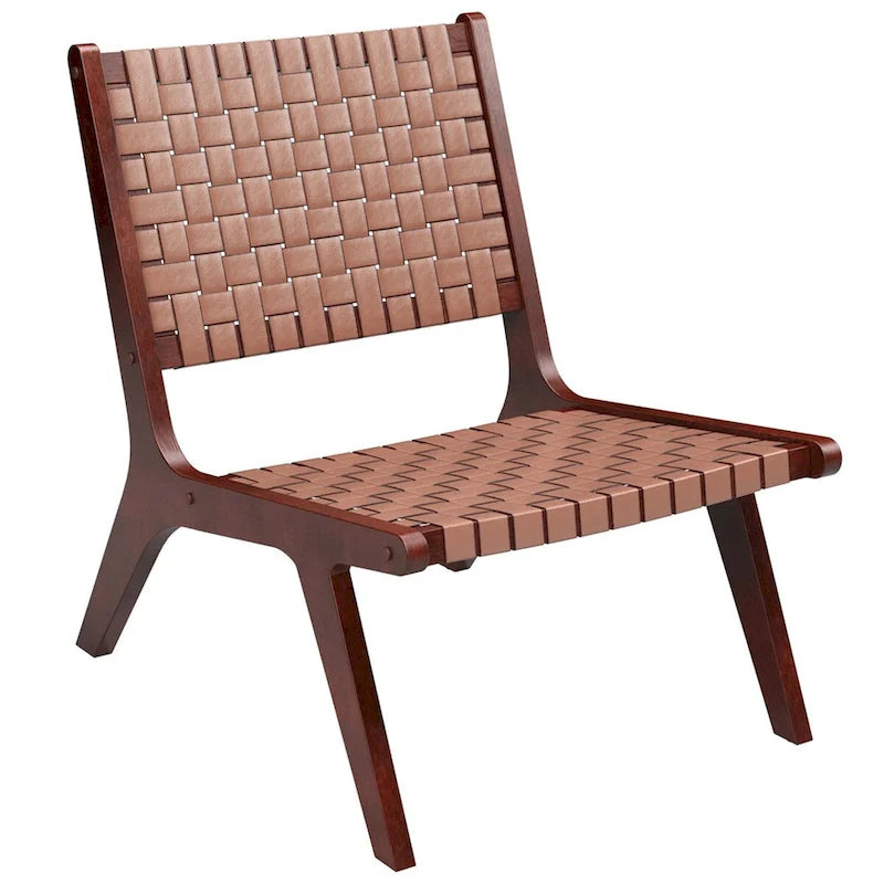 Costway Woven Leather Accent Chair Mid Century Rubber Wood Armless