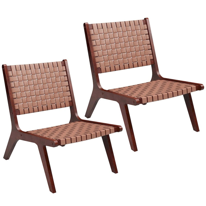 Woven Leather Accent Chair Mid Century Rubber Wood Armless