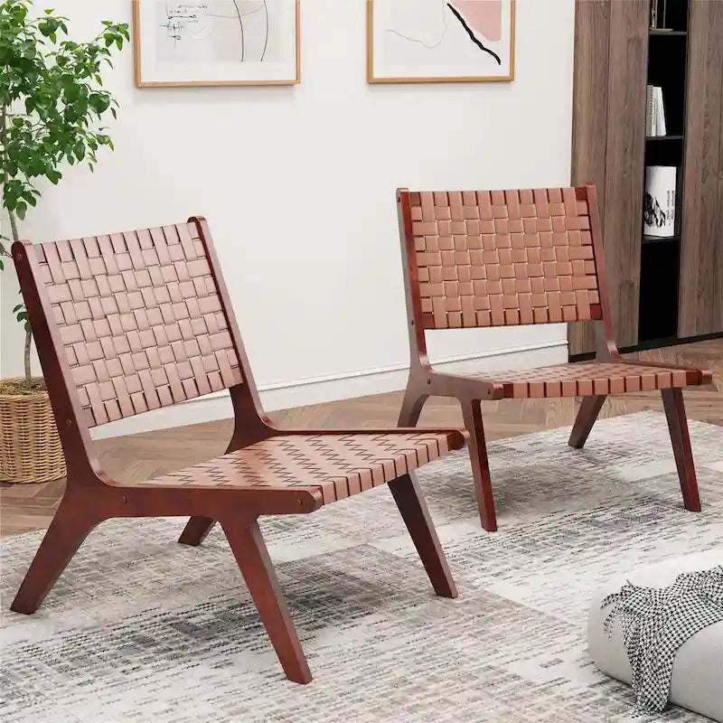 Akzentstuhl aus gewebtem Leder im Mid-Century-Stil, armlos, aus Gummibaumholz