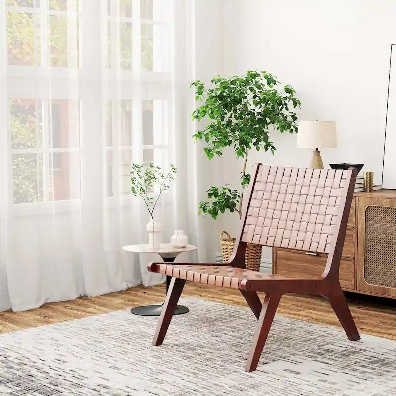 Akzentstuhl aus gewebtem Leder im Mid-Century-Stil, armlos, aus Gummibaumholz