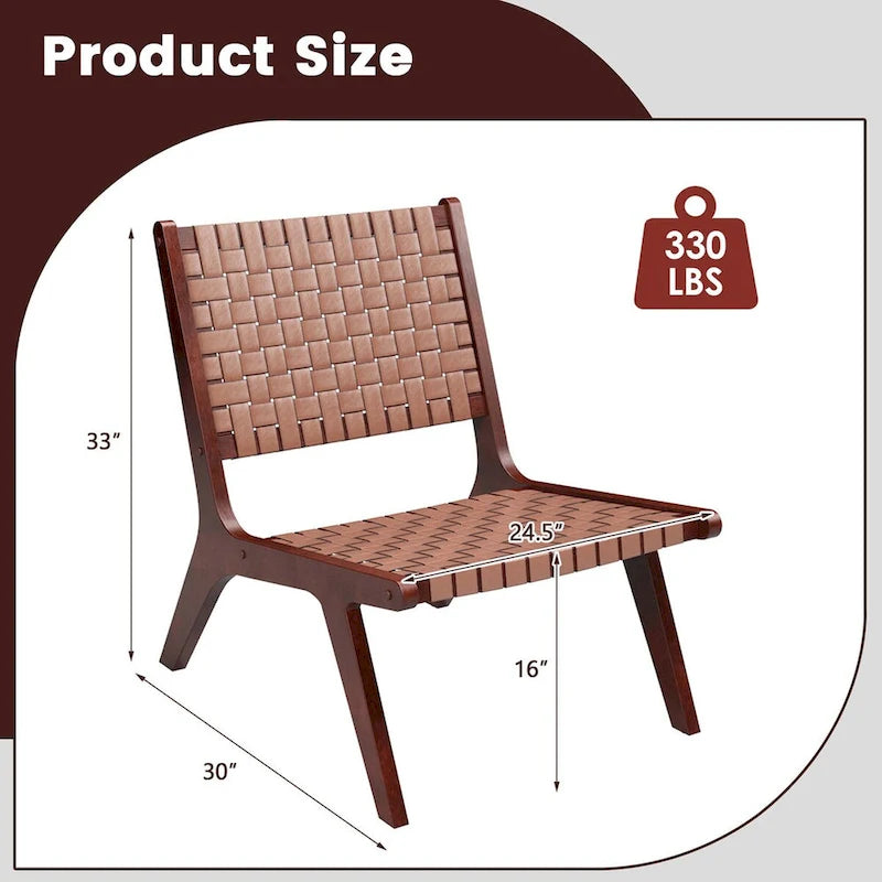 Woven Leather Accent Chair Mid Century Rubber Wood Armless