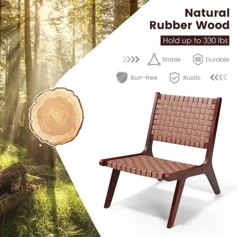 Akzentstuhl aus gewebtem Leder im Mid-Century-Stil, armlos, aus Gummibaumholz