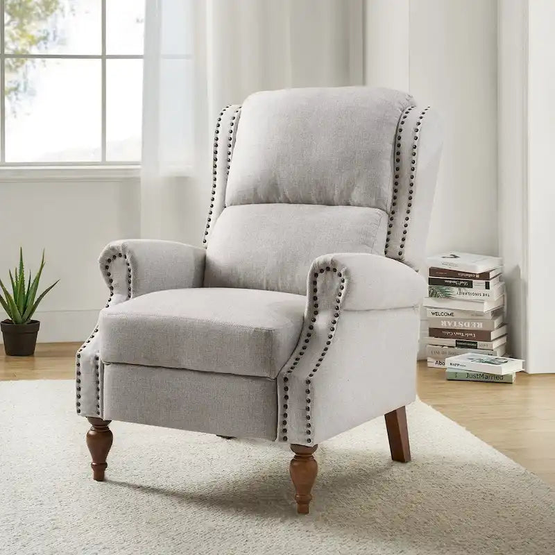 Fauteuil inclinable manuel traditionnel à accoudoirs arrondis et pieds en bois massif