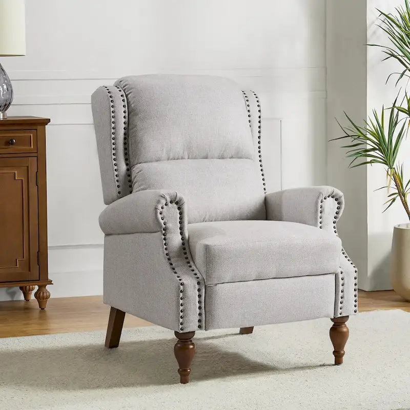 Fauteuil inclinable manuel traditionnel à accoudoirs arrondis et pieds en bois massif